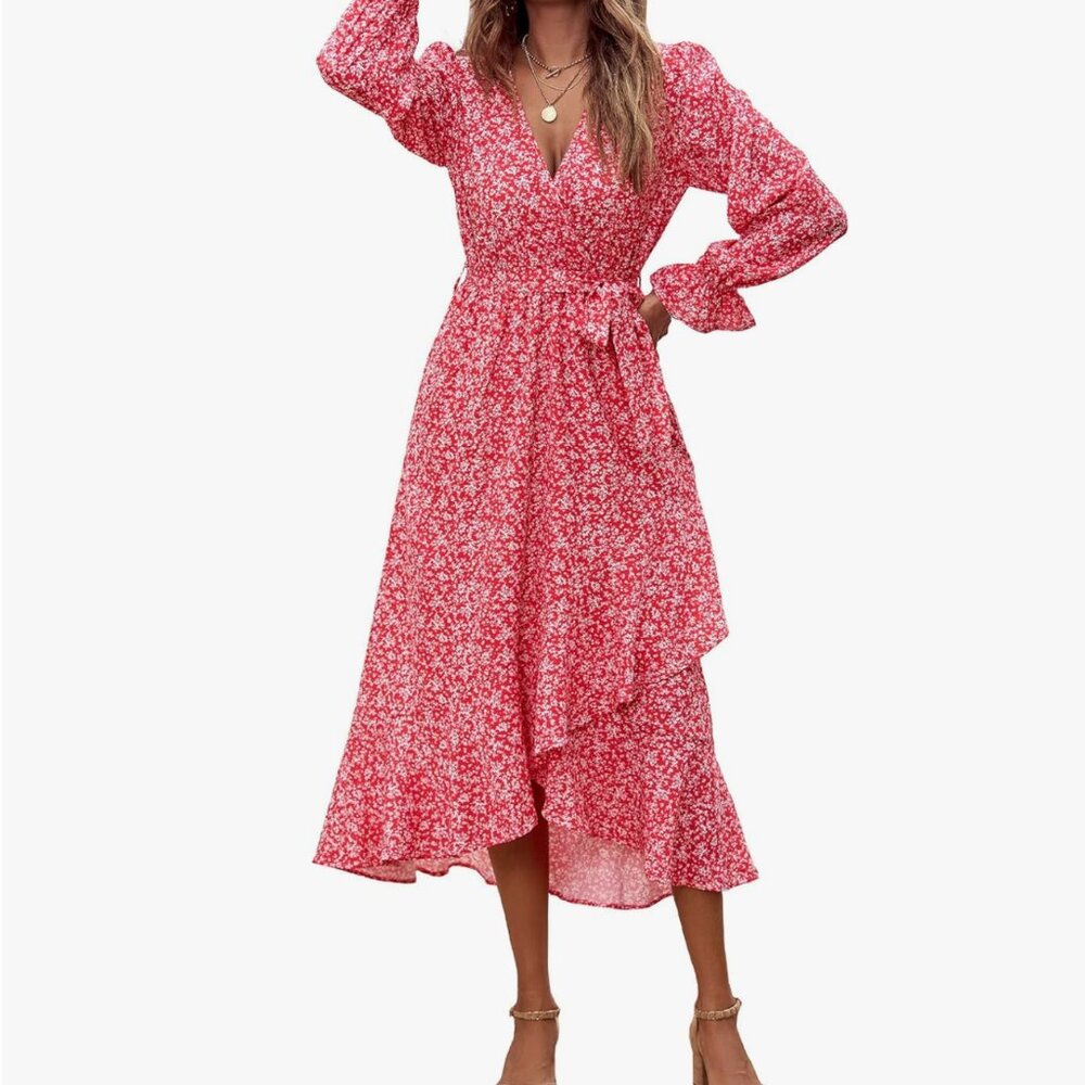 NEW Womens Dress 2025 V Neck Floral Ruffle Wedding Cocktail Boho Long Sleeve